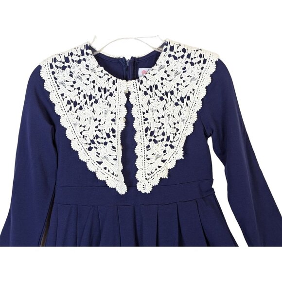 Happy Rose Girls size 10 Navy Cotton Knit Dress Crouched Lace Collar Stunning - Picture 3 of 14